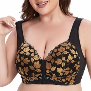 Lace Bra Button Front Black and Gold Bra Sz 40F